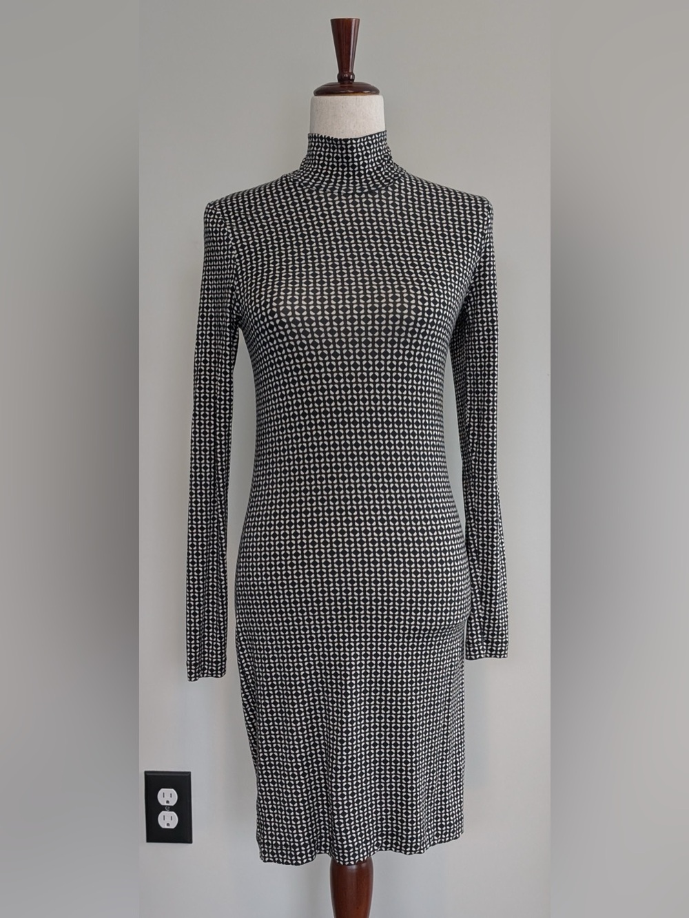 COS Printed Roll-Neck Mini Dress Geometric Long Sleeved Black & White Sz Small